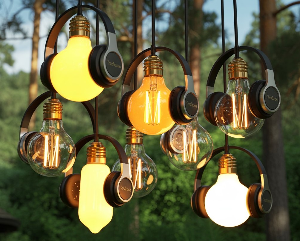 Glühbirnen, die vor einer Wald-Kulisse von oben ins Bild hängen. Alle haben Kopfhörer auf.