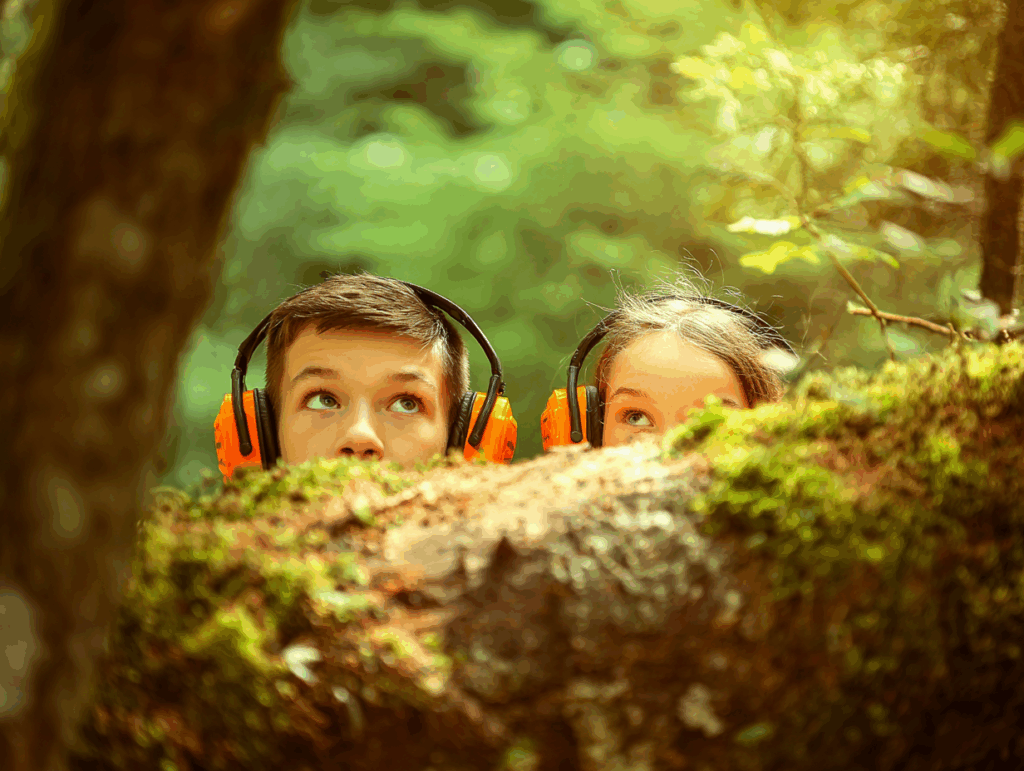 Ein Junge und ein Mädchen mit orangefarbenen Kopfhörern im Wald: Sie lugen über einen quer durch Bild ragenden moosbewachsenen Baum-Ast oder -Stamm. (Bild: KI-generiert mit Midjourney)