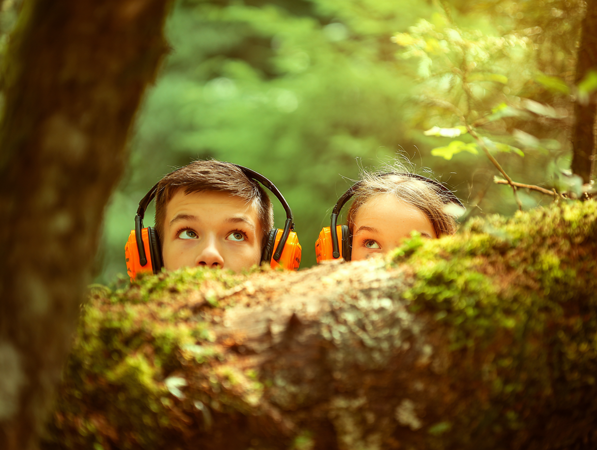Ein Junge und ein Mädchen mit orangefarbenen Kopfhörern im Wald: Sie lugen über einen quer durch Bild ragenden moosbewachsenen Baum-Ast oder -Stamm. (Bild: KI-generiert mit Midjourney)