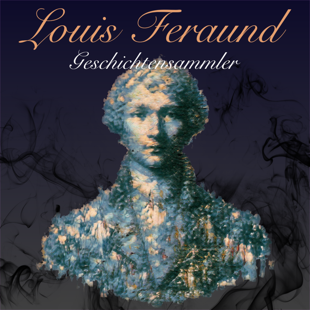 Covermotiv der "Louis Feraund"-Reihe. Man sieht ein tupfenhaft verfremdetes Porträt einer Männerbüste in Hellblau-Tönen vor einem dunklen Hintergrund mit wabernden Rauchschwaden.