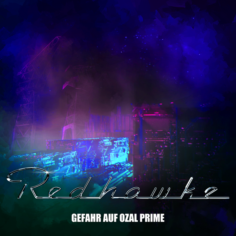 mystische blau-lila Szene: Covermotiv von "Redhawke", technische Geräte, ähnlich Computerservern.