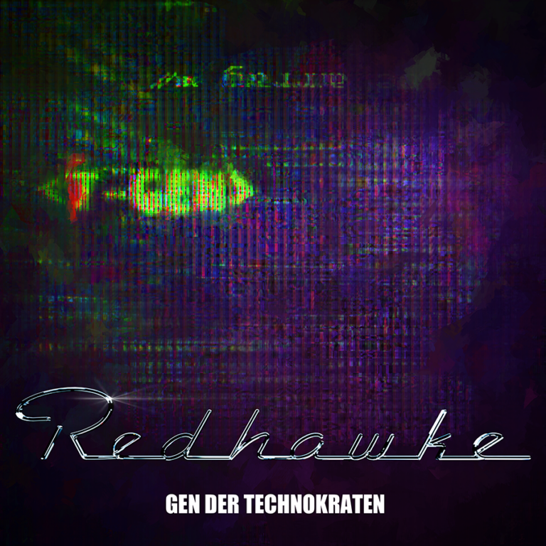 mystisches, düsteres Covermotiv von "Redhawke" mit einer neongelben Computerschrift, die jedoch unscharf ist. Es liest sich mit Mühe T-GEN.