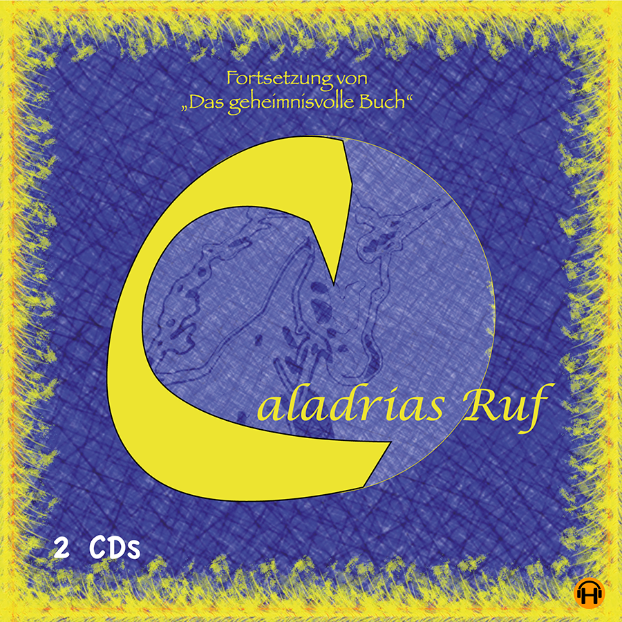 Blau-gelbes Covermotiv der Caladria Reihe. Ein dekoratives Motiv mit einem geschwungenen goldenen C in der Mitte, hinterlegt mit dem Schemen eines Einhorn-Kopfs.