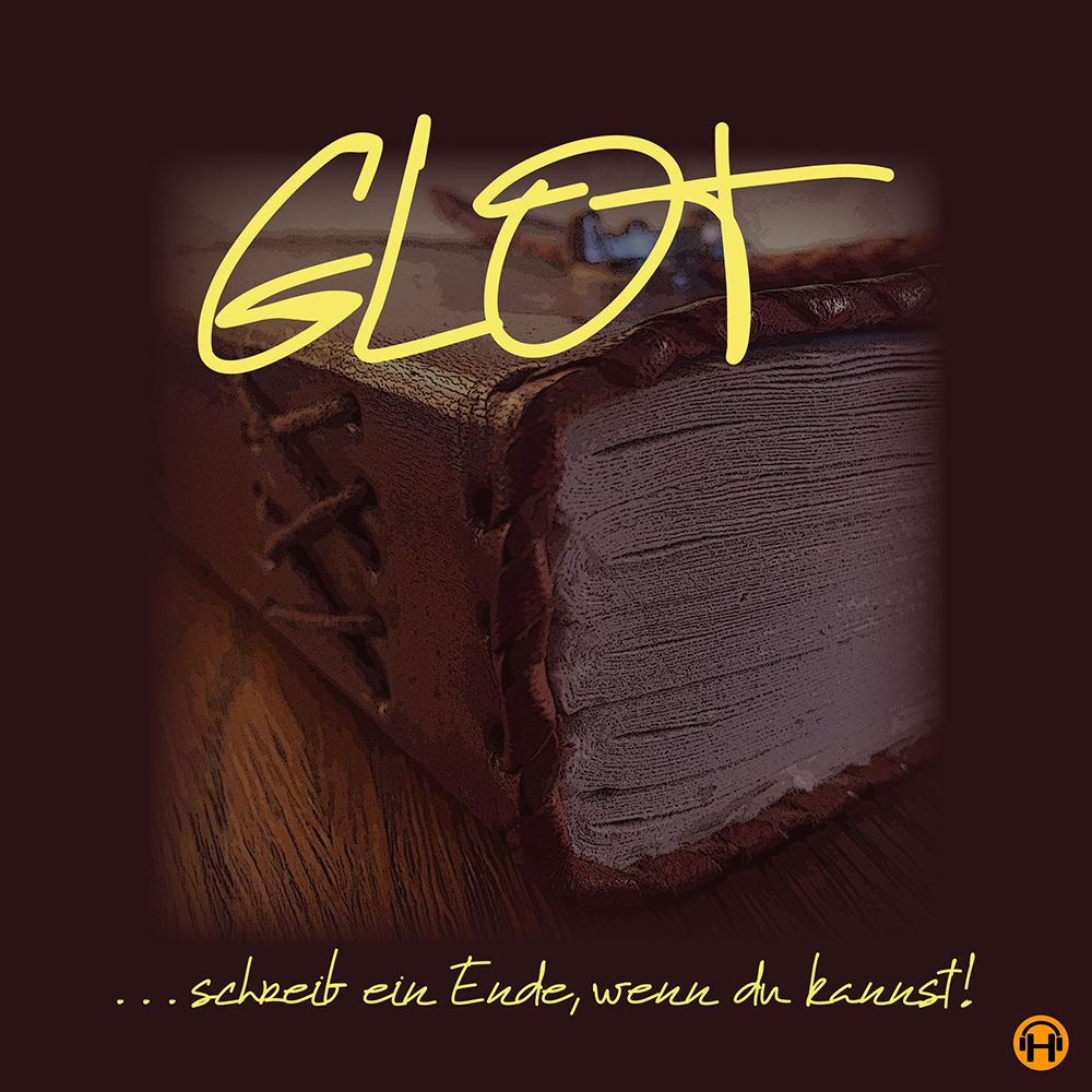 Covermotiv von "GLOT" mit dem Schriftzug in gekritzelten Großbuchstaben. Dahinter ein Teil eines alten, ledergebundenen Buchs mit vielen Seiten.