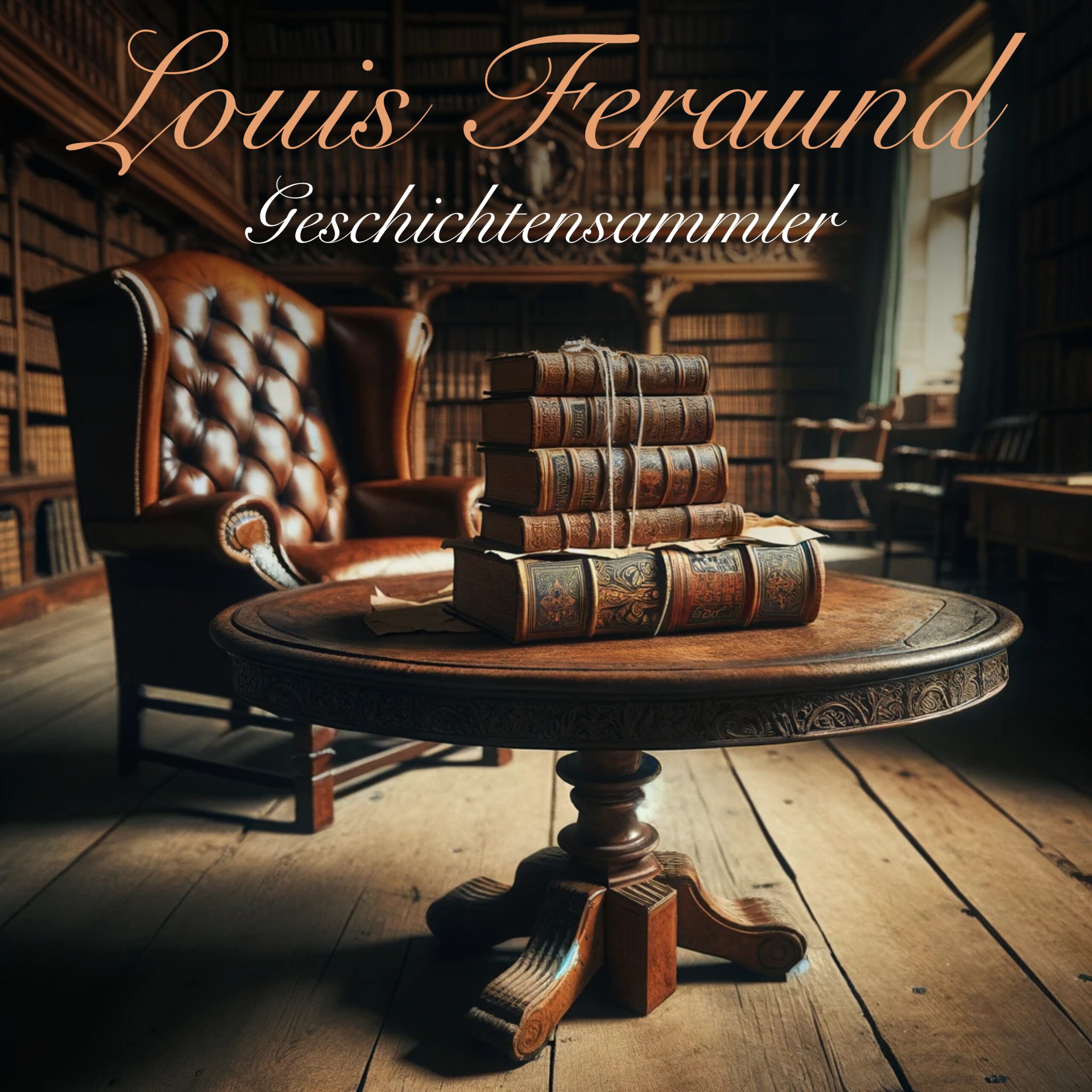 Covermotiv der "Louis Feraund"-Reihe. Man sieht das Innere einer alten Buchhandlung mit vielen Regalen voller Bücher. Im Vordergrund ein Ledersessel und ein kleiner, runder Tisch. Darauf ein zusammengeschnürtes Bündel mit fünf Büchern.